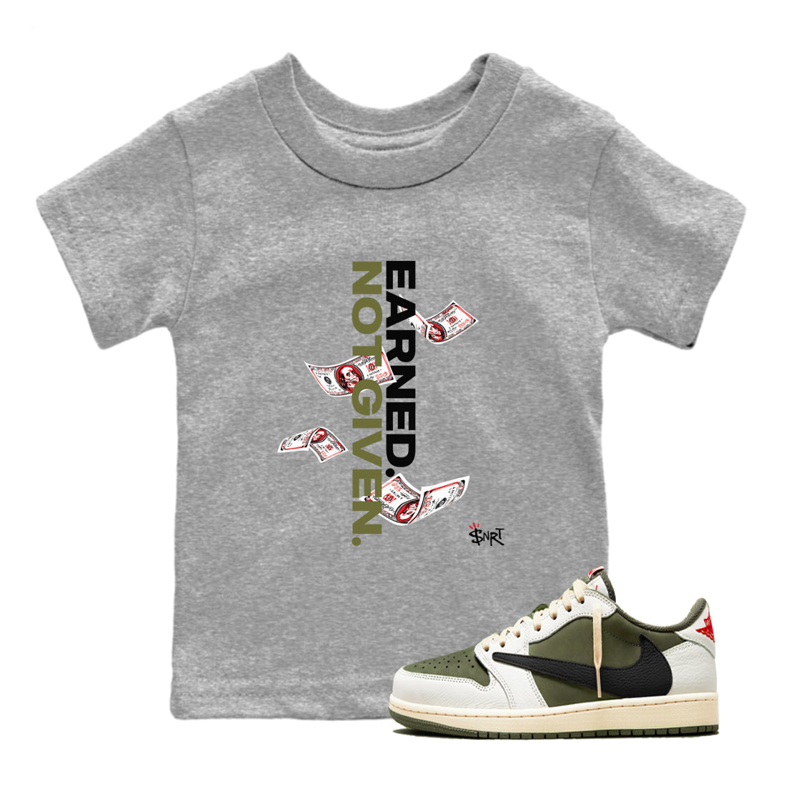 Earned Not Given snkmatch Tees Kids - Air Jordan 1 Travis Scott Medium Olive