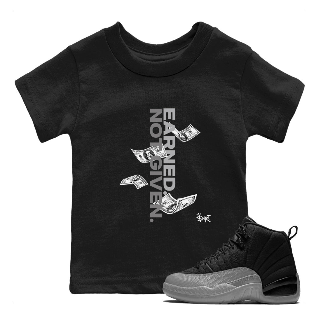 Earned Not Given snkmatch Tees Kids - Air Jordan 12 Black Wolf Grey