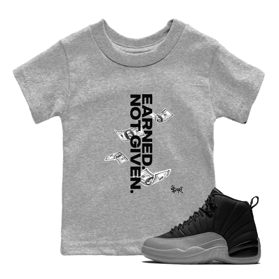 Earned Not Given snkmatch Tees Kids - Air Jordan 12 Black Wolf Grey