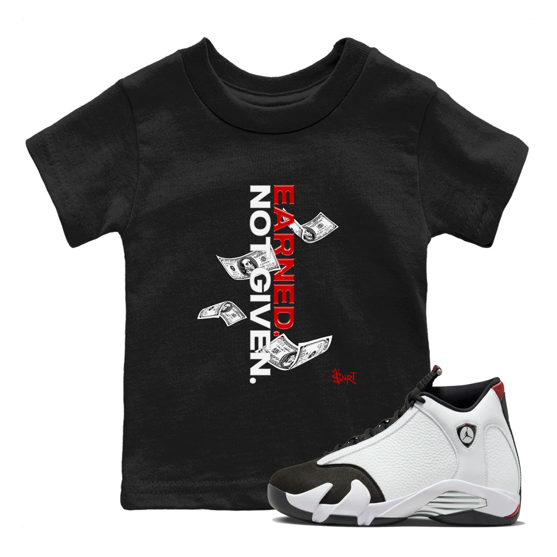 Earned Not Given snkmatch Tees Kids - Air Jordan 14 Black Toe