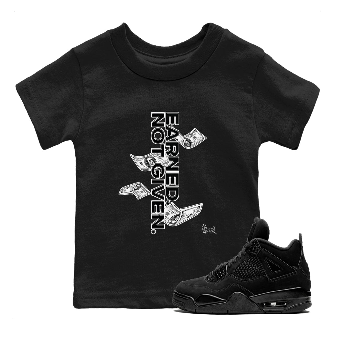 Earned Not Given snkmatch Tees Kids - Air Jordan 4 Black Cat