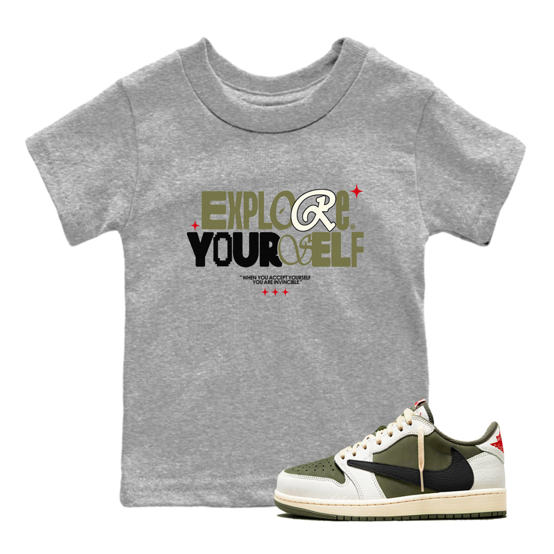 Explore Yourself snkmatch Tees Kids - Air Jordan 1 Travis Scott Medium Olive