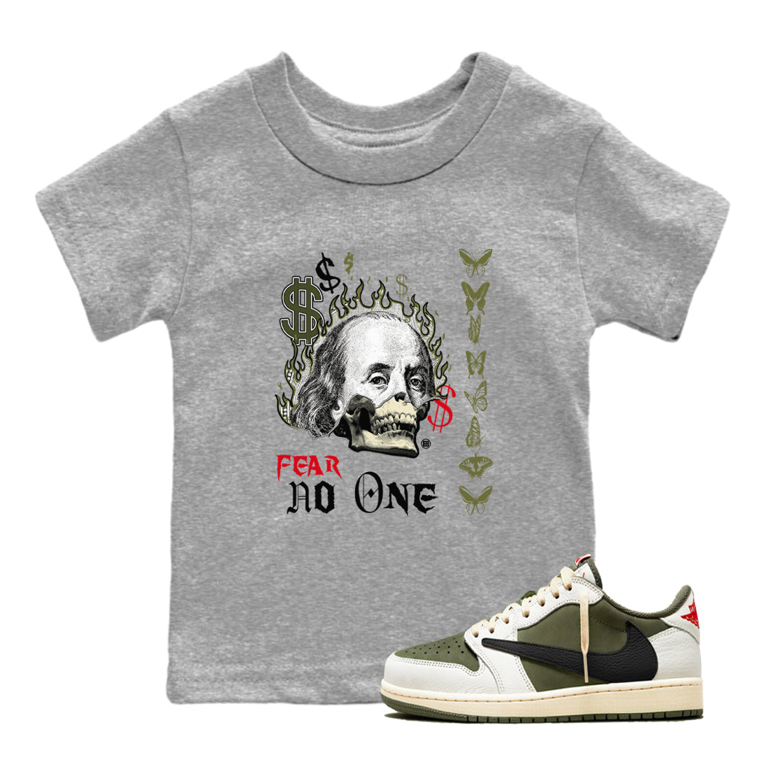 Fear No One snkmatch Tees Kids - Air Jordan 1 Travis Scott Medium Olive