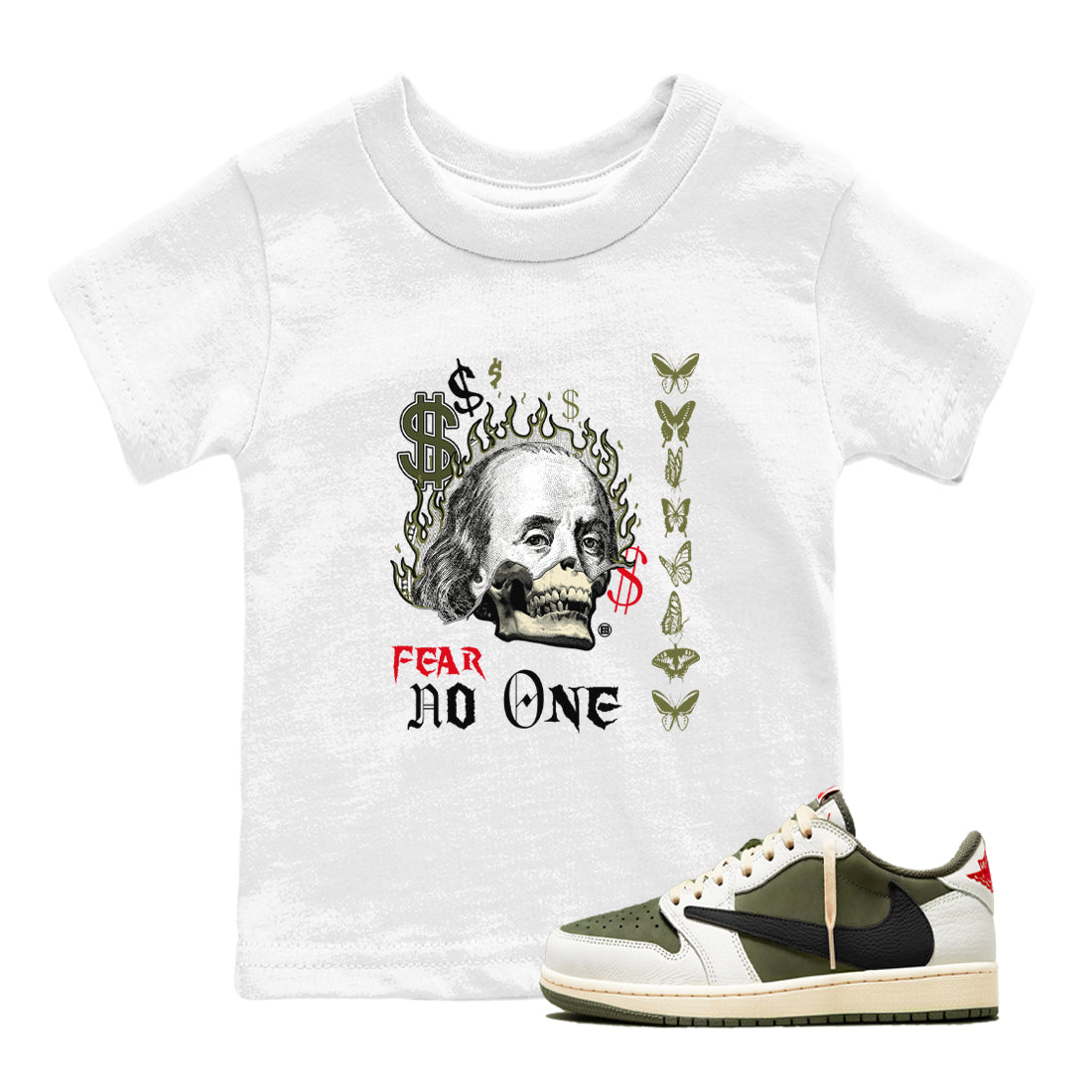 Fear No One snkmatch Tees Kids - Air Jordan 1 Travis Scott Medium Olive