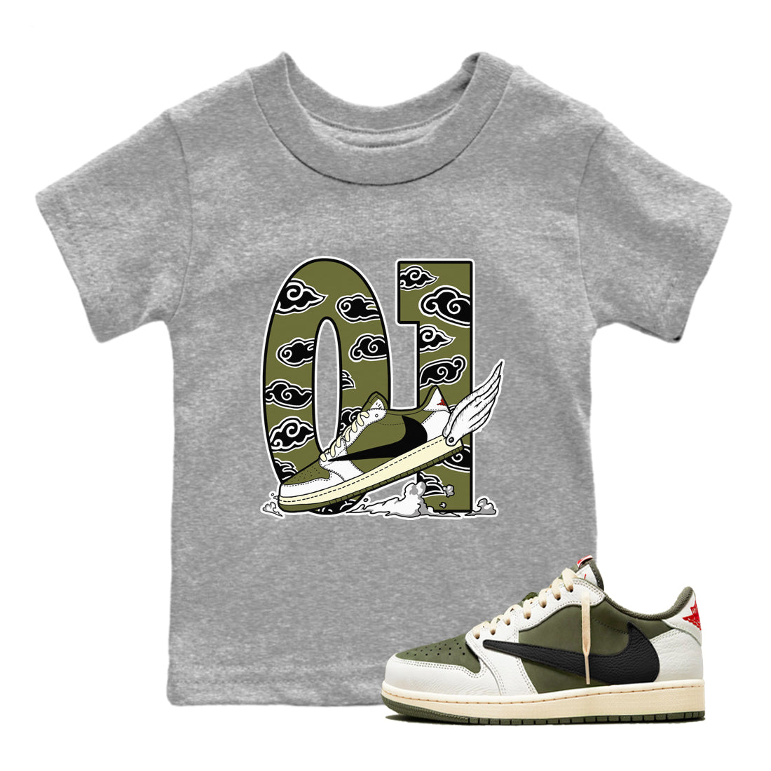 Fly To The Clouds snkmatch Tees Kids - Air Jordan 1 Travis Scott Medium Olive