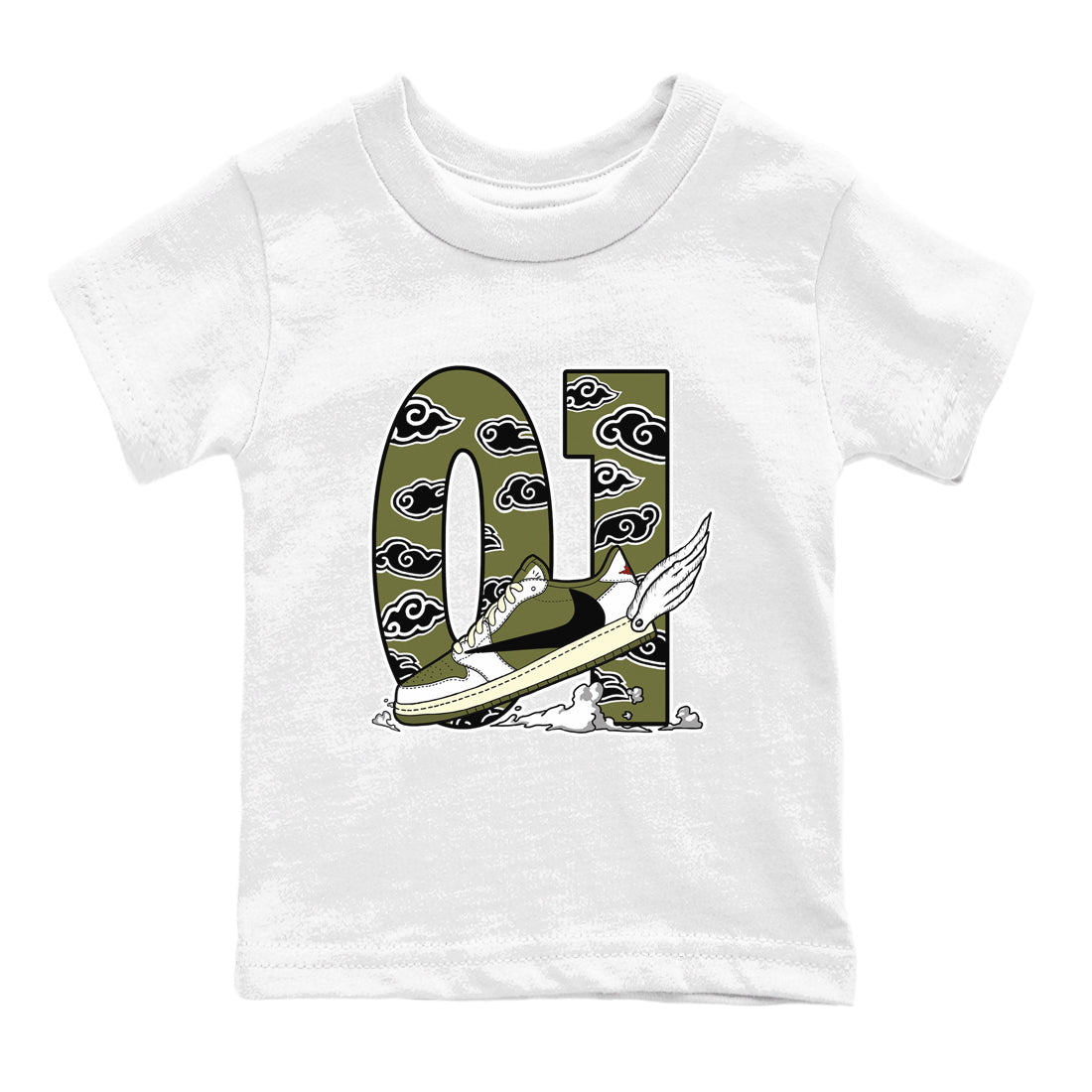 Fly To The Clouds snkmatch Tees Kids - Air Jordan 1 Travis Scott Medium Olive