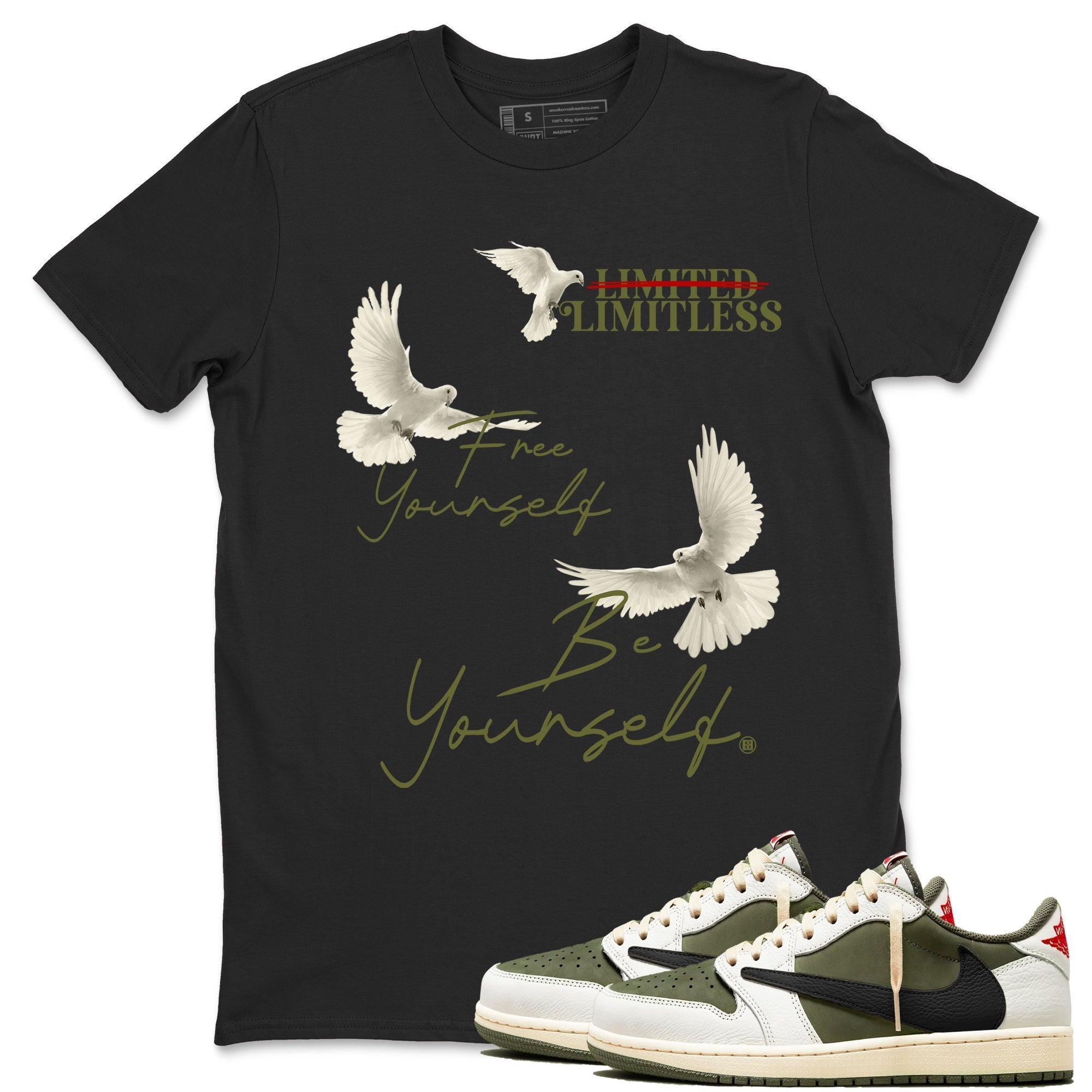 Free Yourself Be Yourself snkmatch Tees - Air Jordan 1 Travis Scott Medium Olive