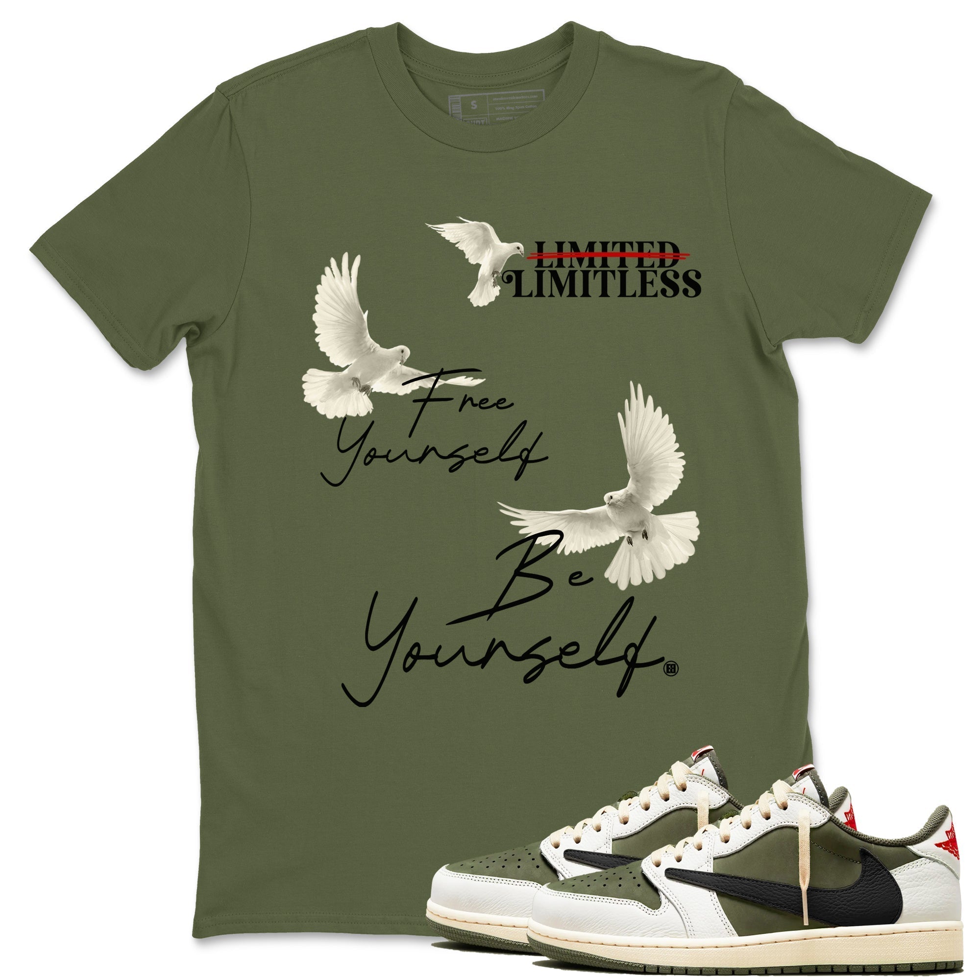 Free Yourself Be Yourself snkmatch Tees - Air Jordan 1 Travis Scott Medium Olive