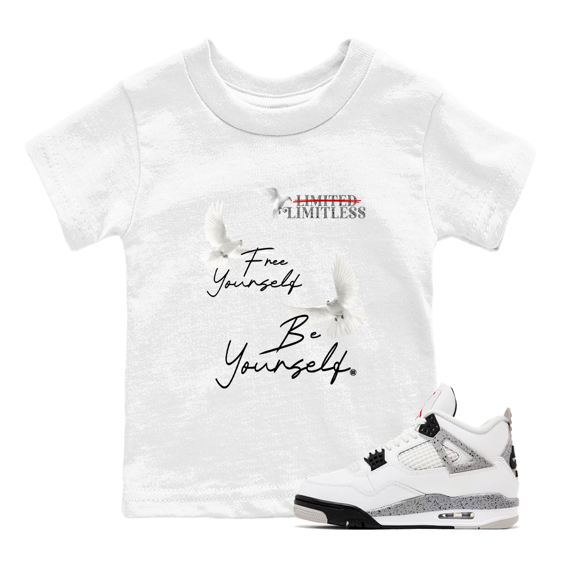 Free Yourself Be Yourself snkmatch Tees Kids - Air Jordan 4 White Cement