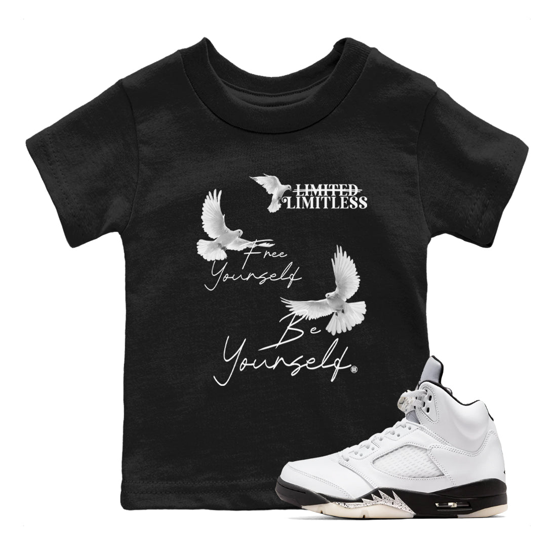 Free Yourself Be Yourself snkmatch Tees Kids - Air Jordan 5 White Black