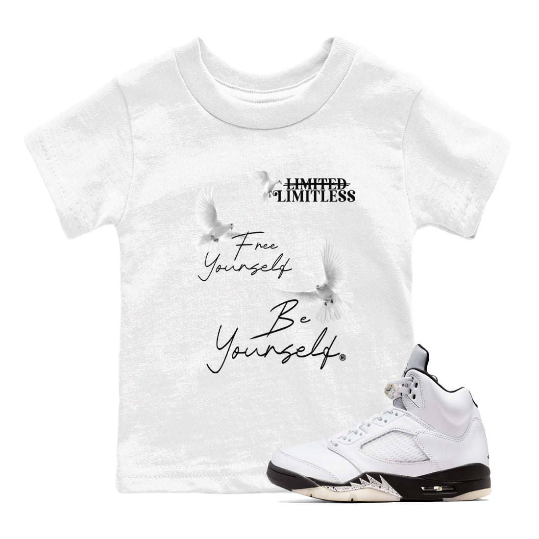Free Yourself Be Yourself snkmatch Tees Kids - Air Jordan 5 White Black
