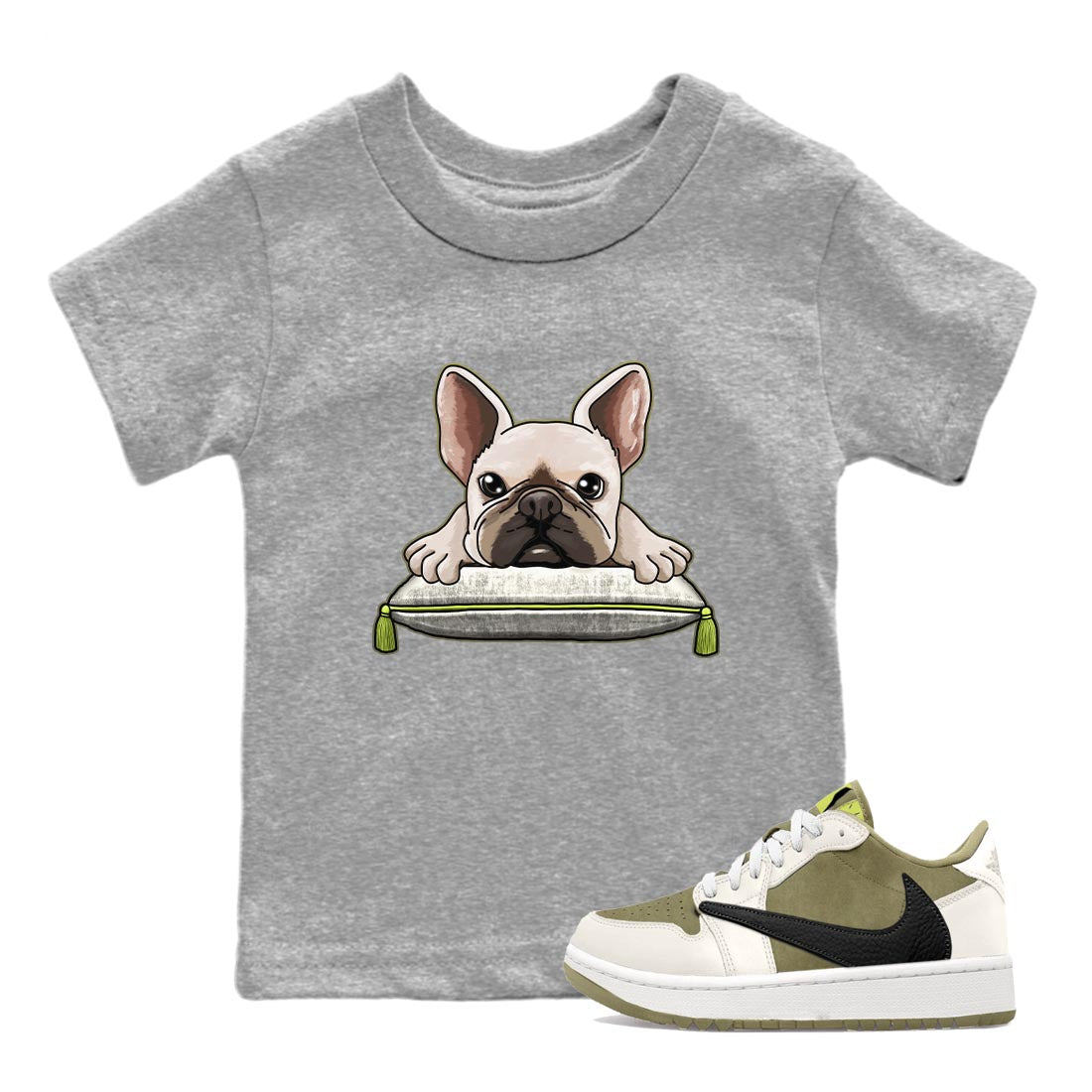 French Bulldog snkmatch Tee Kids - Air Jordan 1 Travis Scott Golf Olive