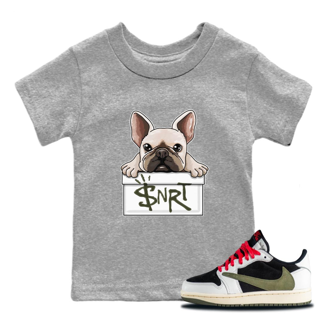 French Bulldog Kids Tops - Air Jordan 1 Travis Scott Olive