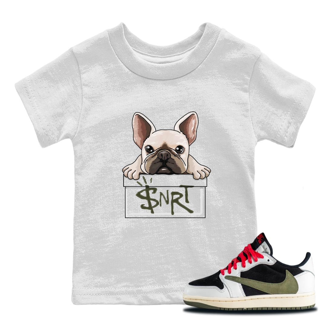 French Bulldog Kids Tops - Air Jordan 1 Travis Scott Olive
