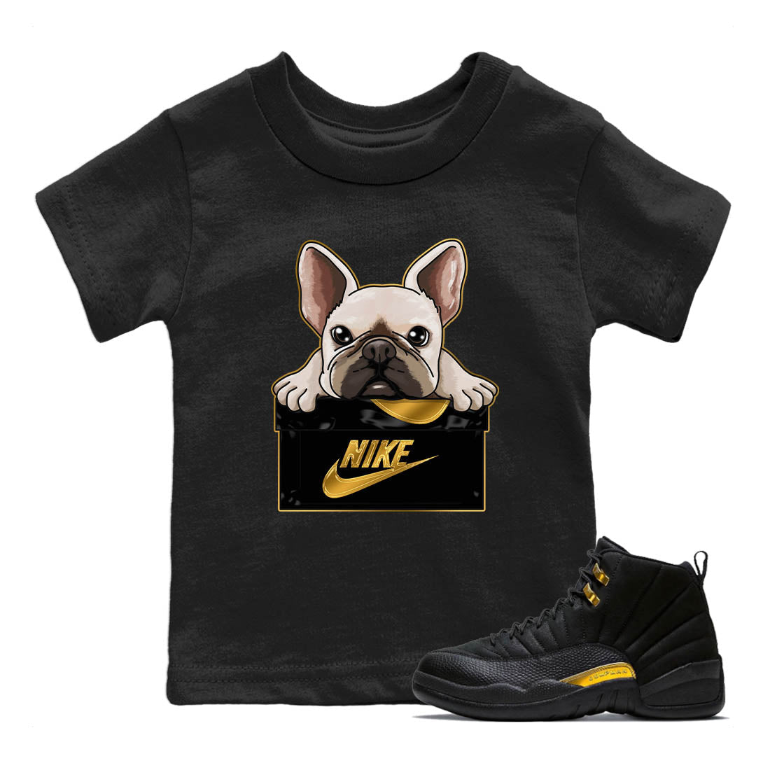 French Bulldog Kids Tops - Air Jordan 12 Black Taxi
