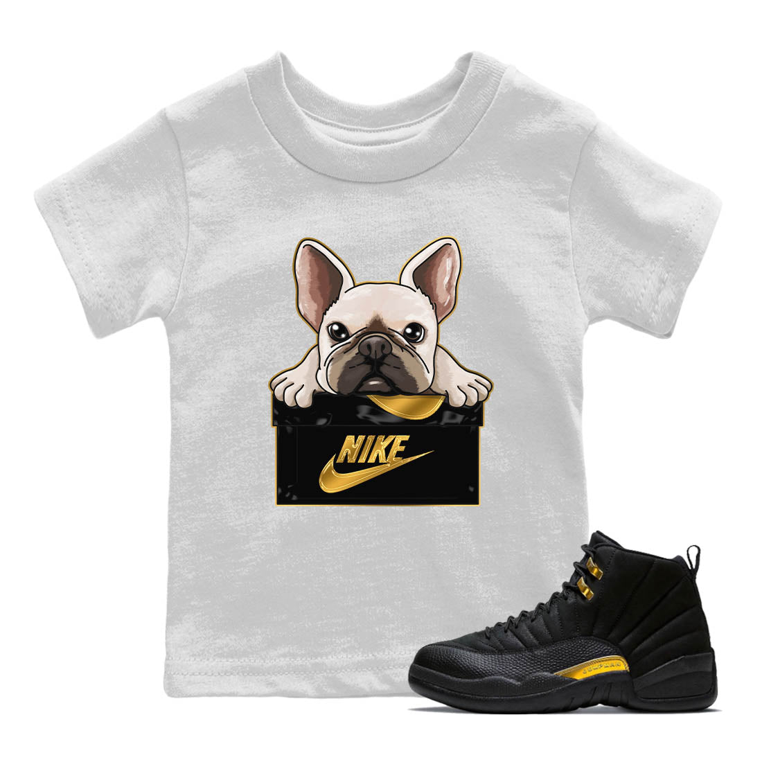French Bulldog Kids Tops - Air Jordan 12 Black Taxi