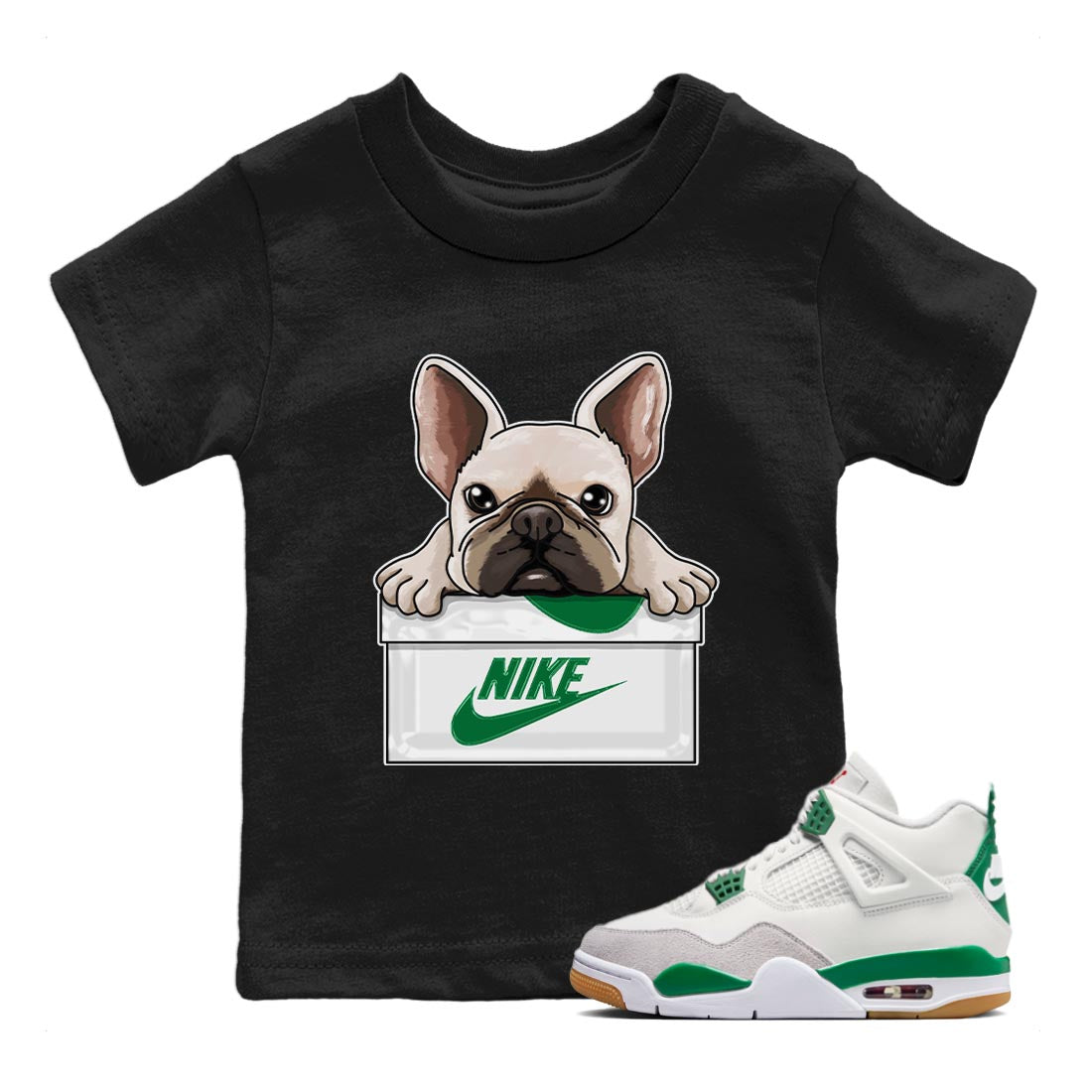 French Bulldog Kids Tops - Air Jordan 4 Pine Green