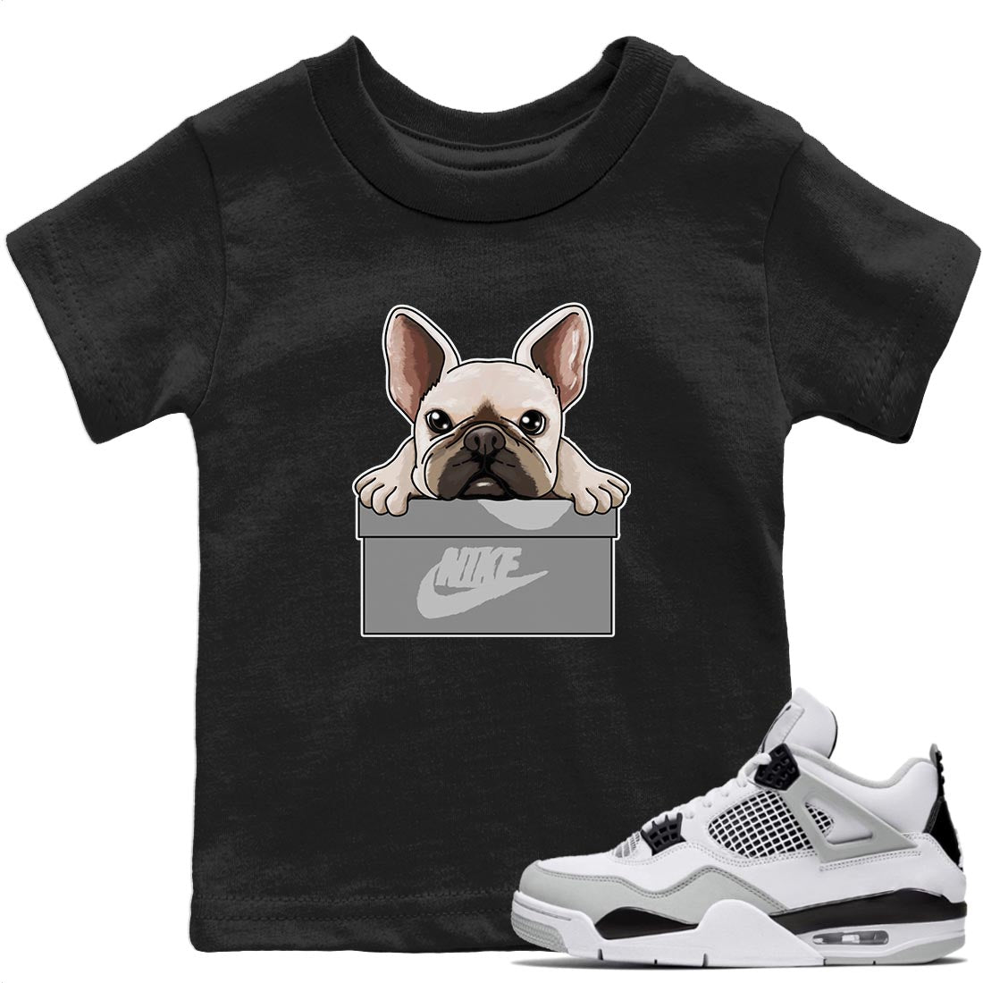 French Bulldog Kids Tops - Air Jordan 4 Military Black