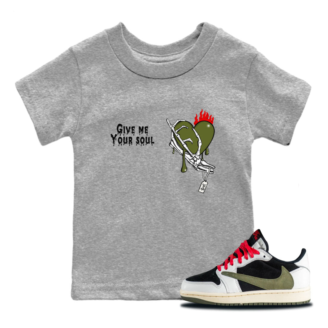 Give Me Your Soul snkmatch Tees Kids - Air Jordan 1 Travis Scott Olive