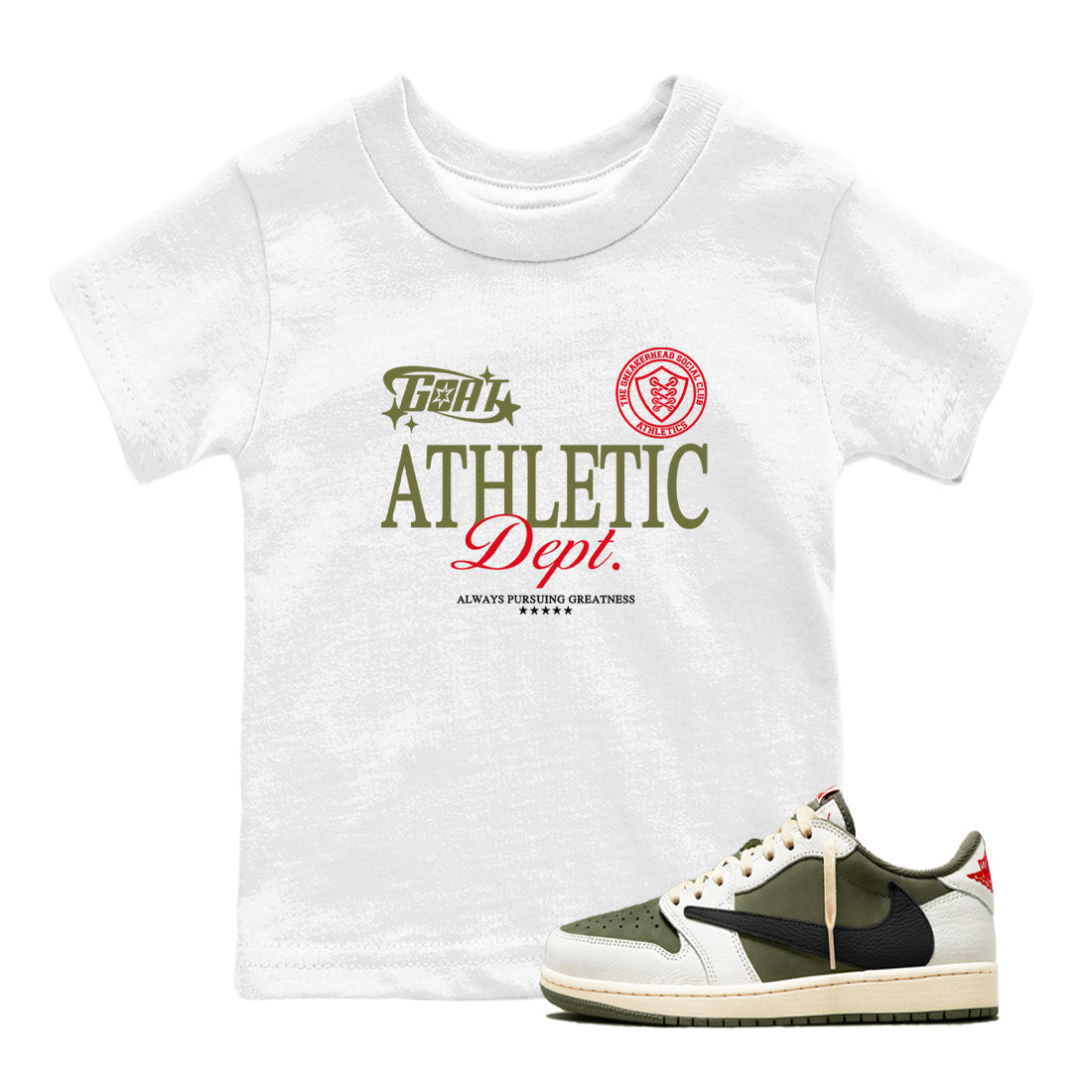 Goat Athletic Dept snkmatch Tees Kids - Air Jordan 1 Travis Scott Medium Olive