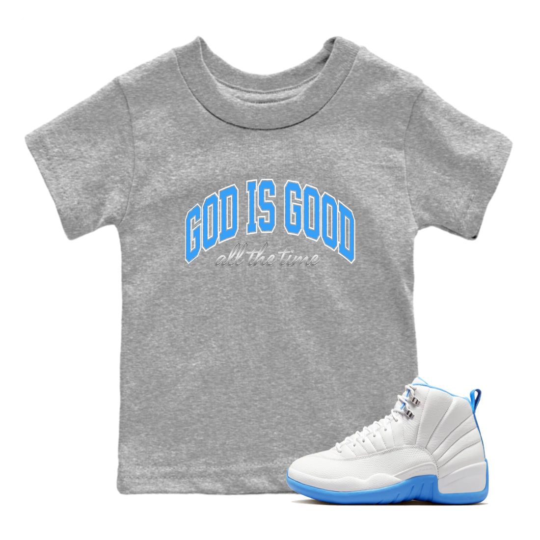 God Is Good snkmatch Tees Kids - Air Jordan 12 White and University Blue