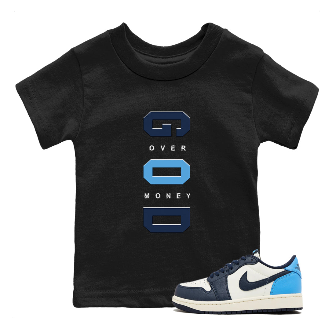 God Over Money snkmatch Tees Kids - Air Jordan 1 Low OG Obsidian