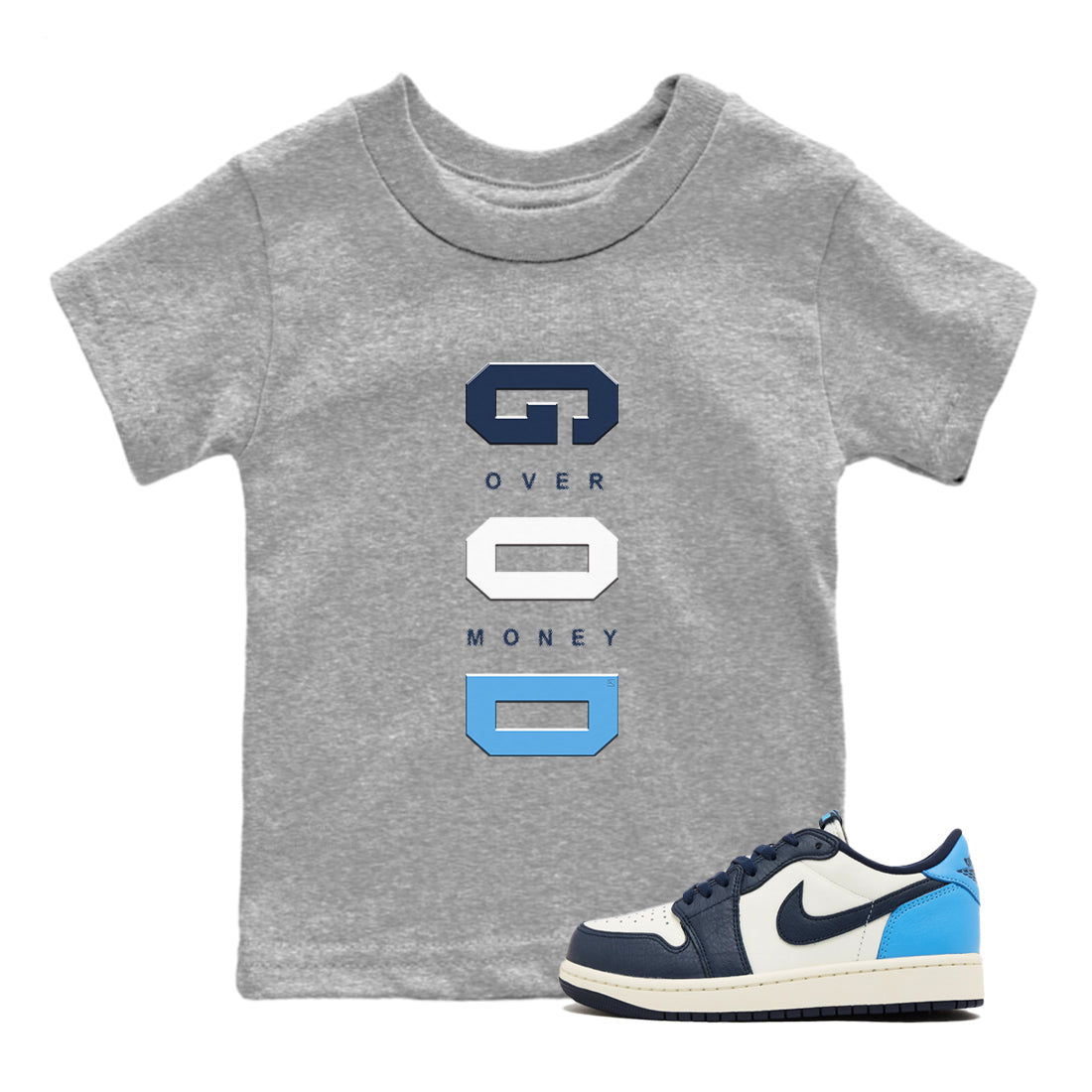 God Over Money snkmatch Tees Kids - Air Jordan 1 Low OG Obsidian