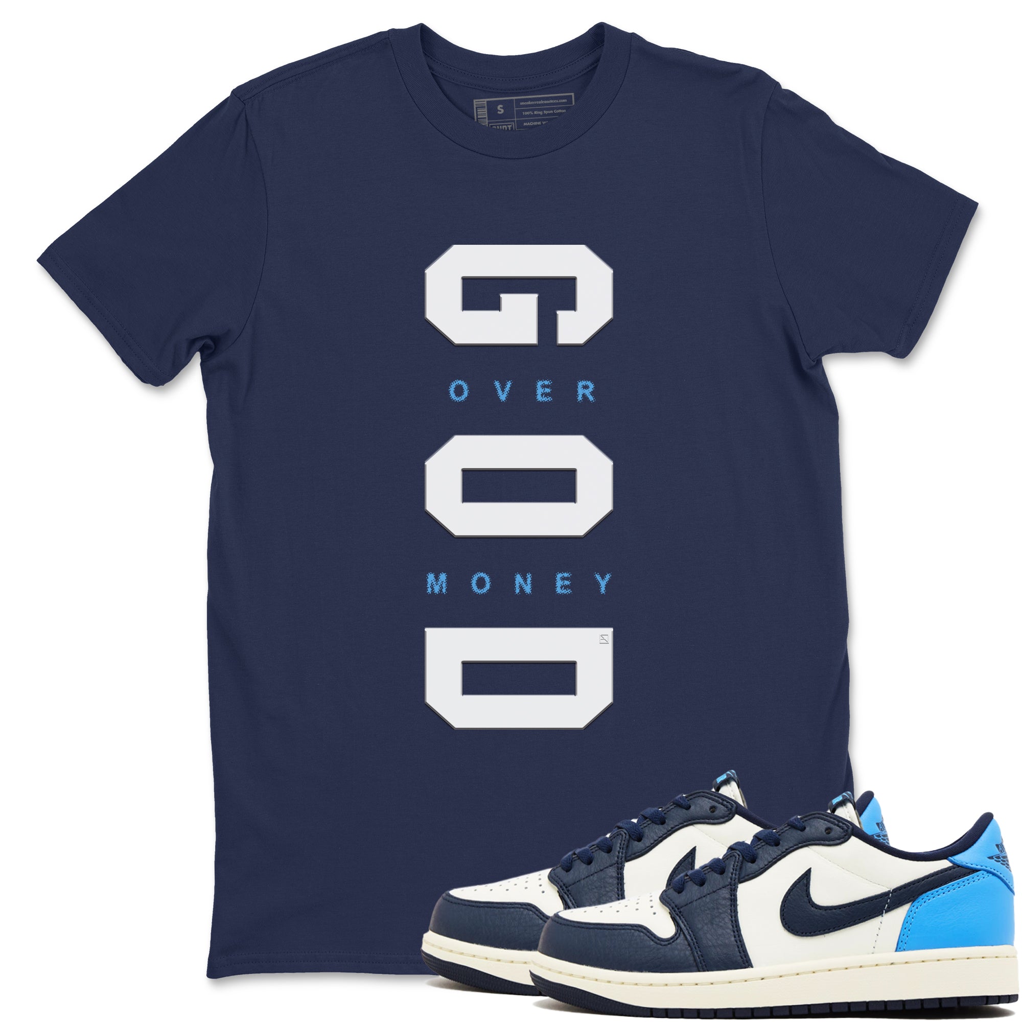 God Over Money snkmatch Tees - Air Jordan 1 Low OG Obsidian