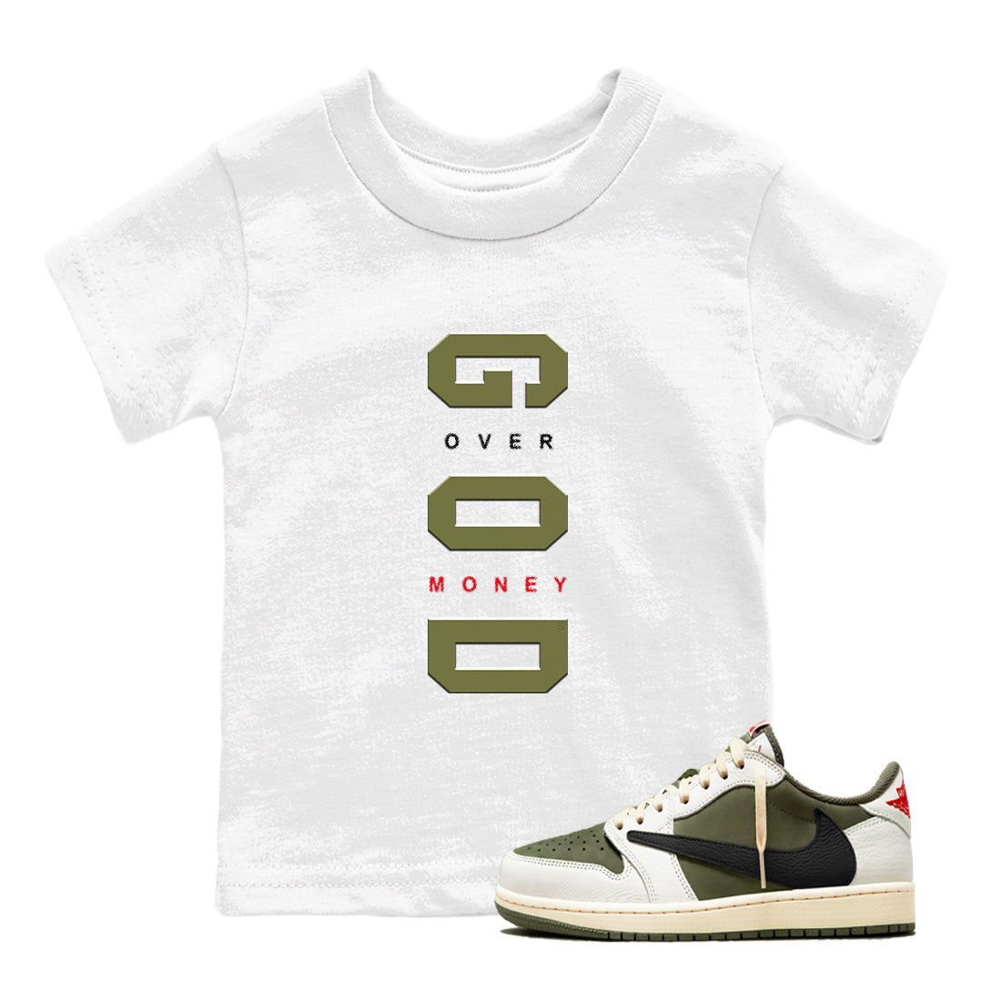 God Over Money snkmatch Tees Kids - Air Jordan 1 Travis Scott Medium Olive