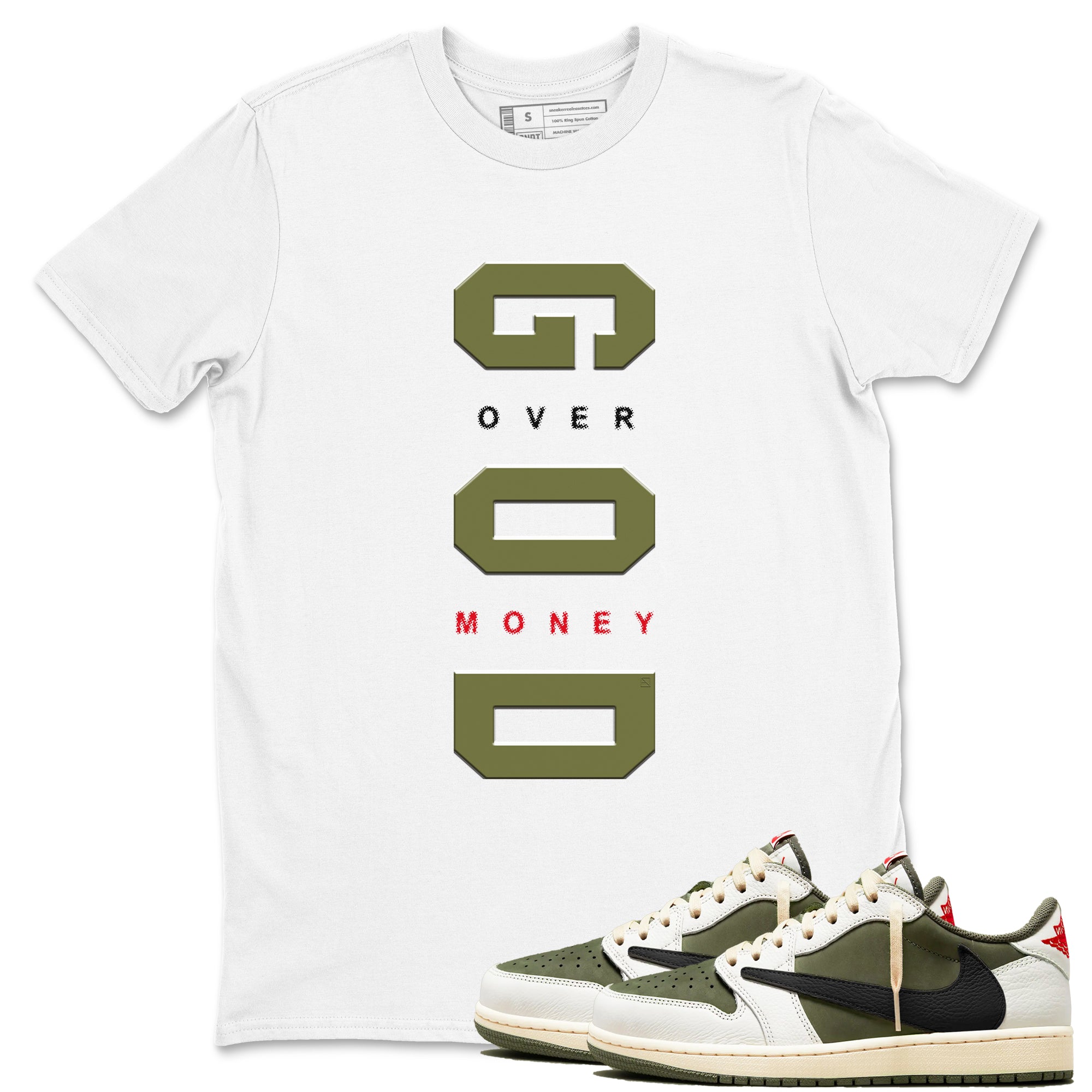 God Over Money snkmatch Tees - Air Jordan 1 Travis Scott Medium Olive