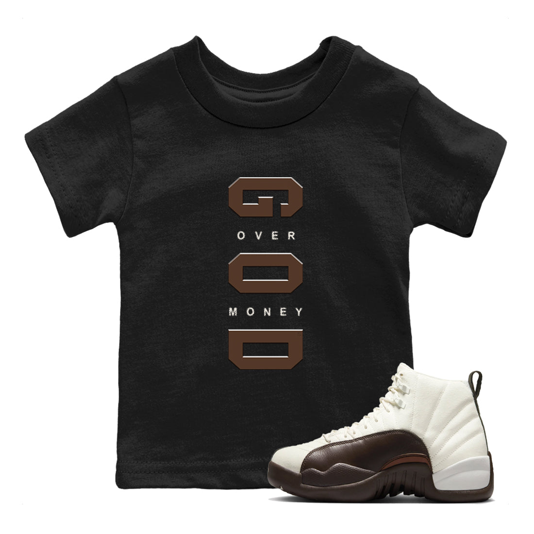 God Over Money snkmatch Tees Kids - Air Jordan 12 Baroque Brown