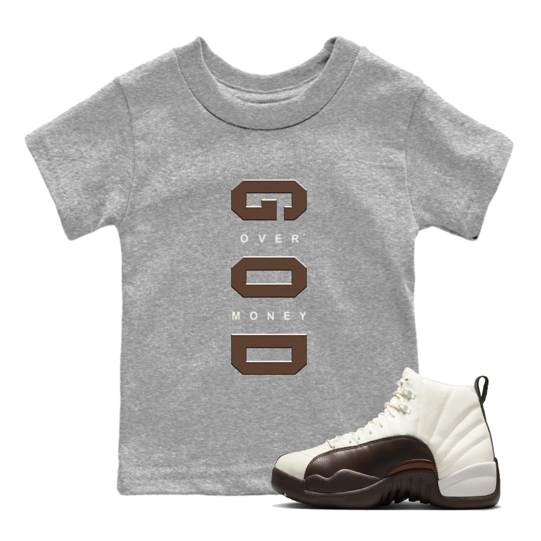 God Over Money snkmatch Tees Kids - Air Jordan 12 Baroque Brown