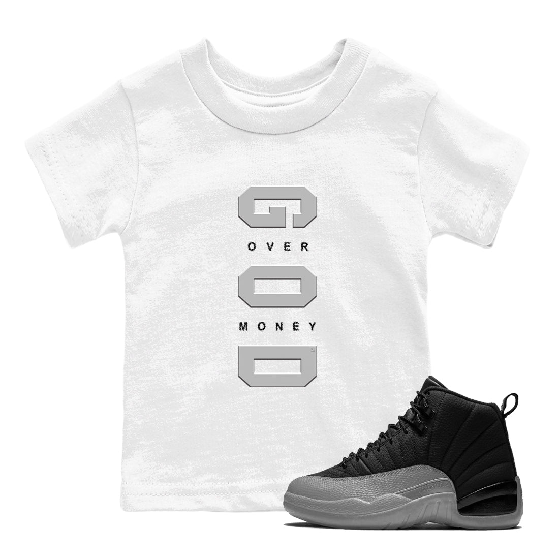 God Over Money snkmatch Tees Kids - Air Jordan 12 Black Wolf Grey