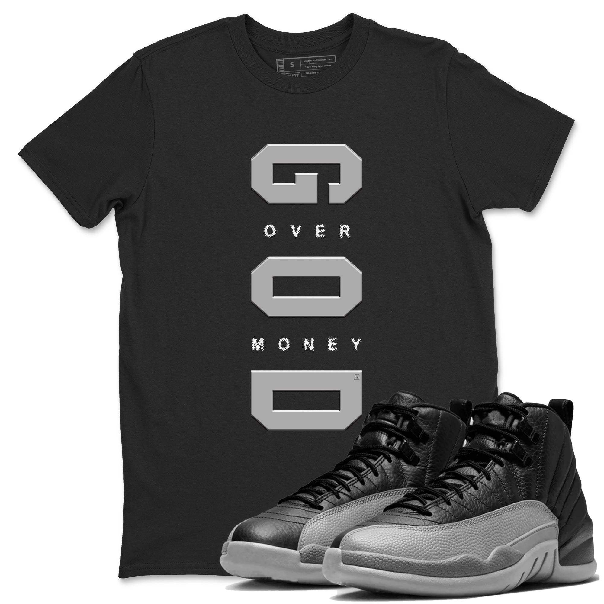 God Over Money snkmatch Tees - Air Jordan 12 Black Wolf Grey