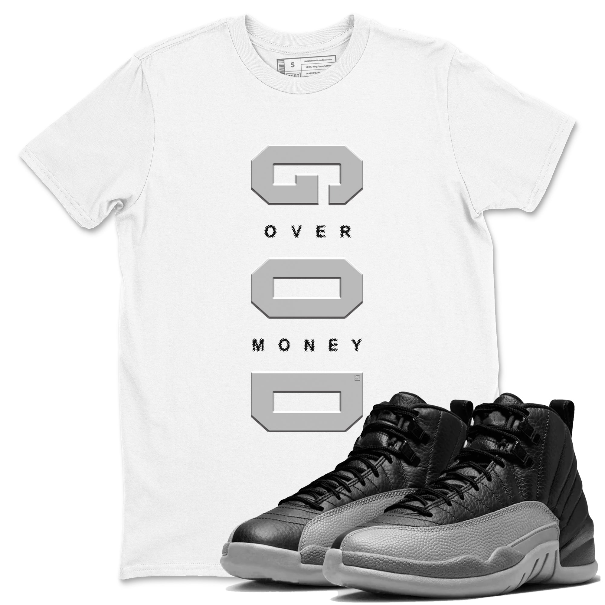 God Over Money snkmatch Tees - Air Jordan 12 Black Wolf Grey