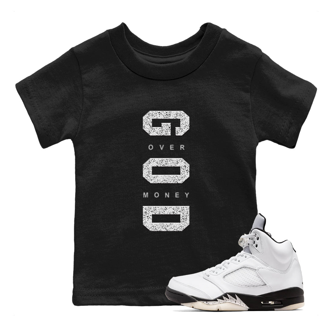 God Over Money snkmatch Tees Kids - Air Jordan 5 White Black