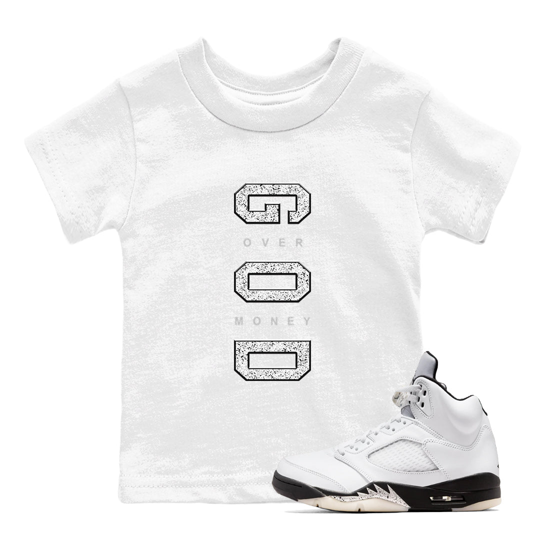 God Over Money snkmatch Tees Kids - Air Jordan 5 White Black