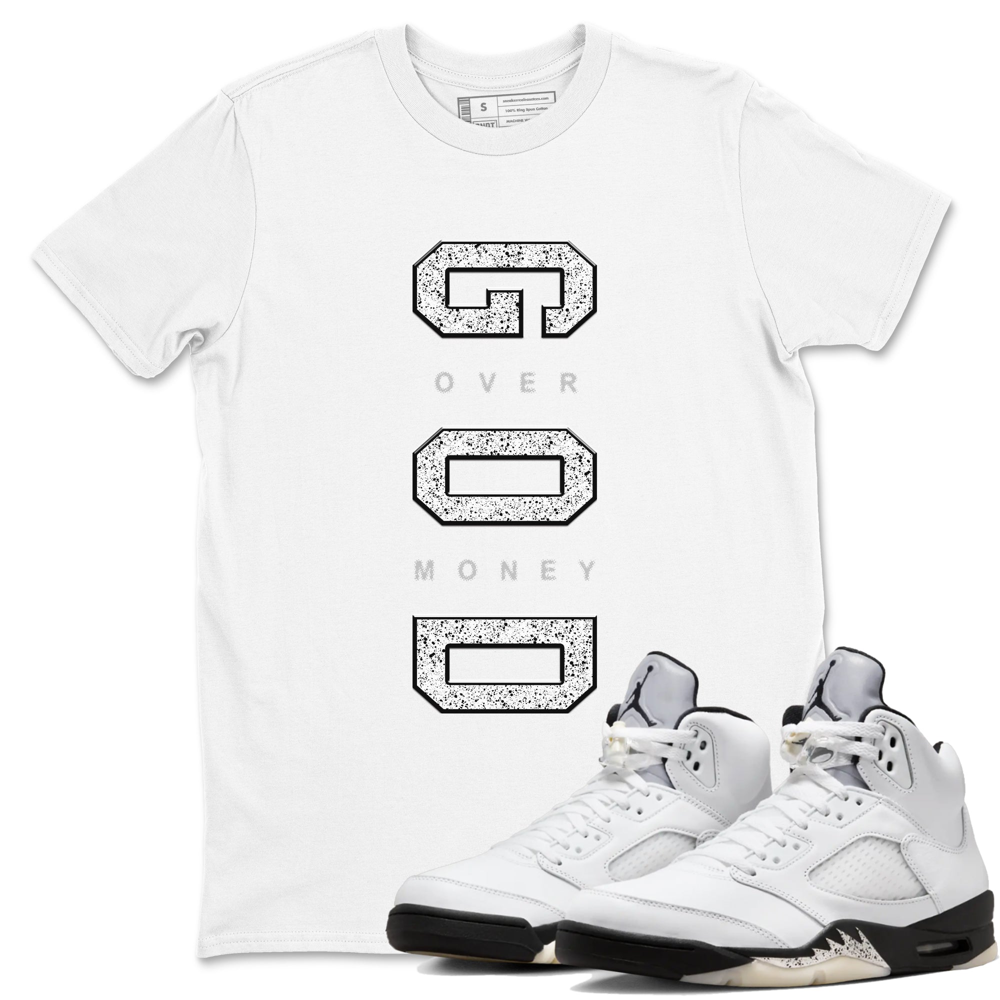 God Over Money snkmatch Tees - Air Jordan 5 White Black