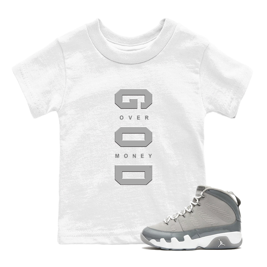 God Over Money snkmatch Tees Kids - Air Jordan 9 Cool Grey