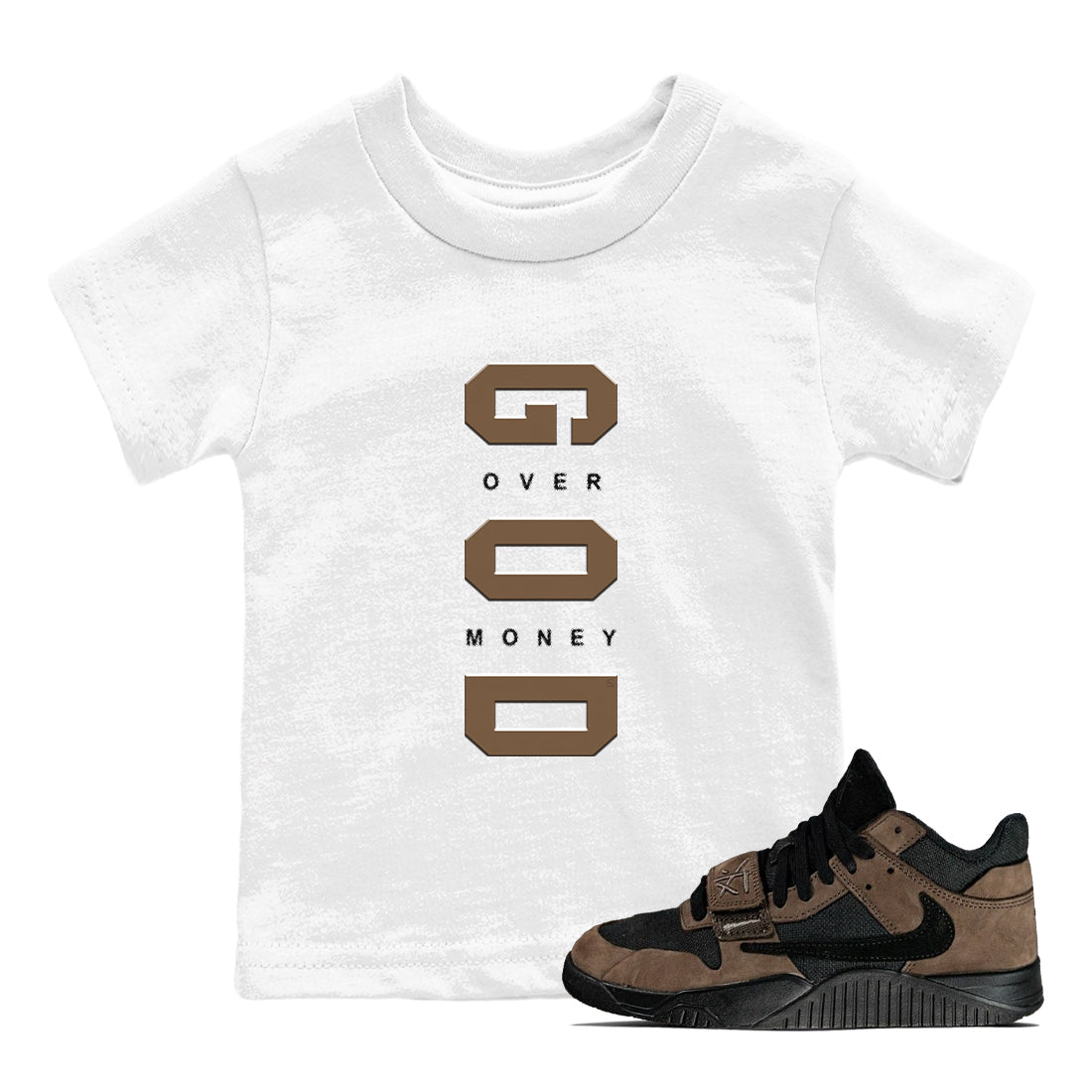 God Over Money snkmatch Tees Kids - Jordan Jumpman Jack Travis Scott Dark Mocha