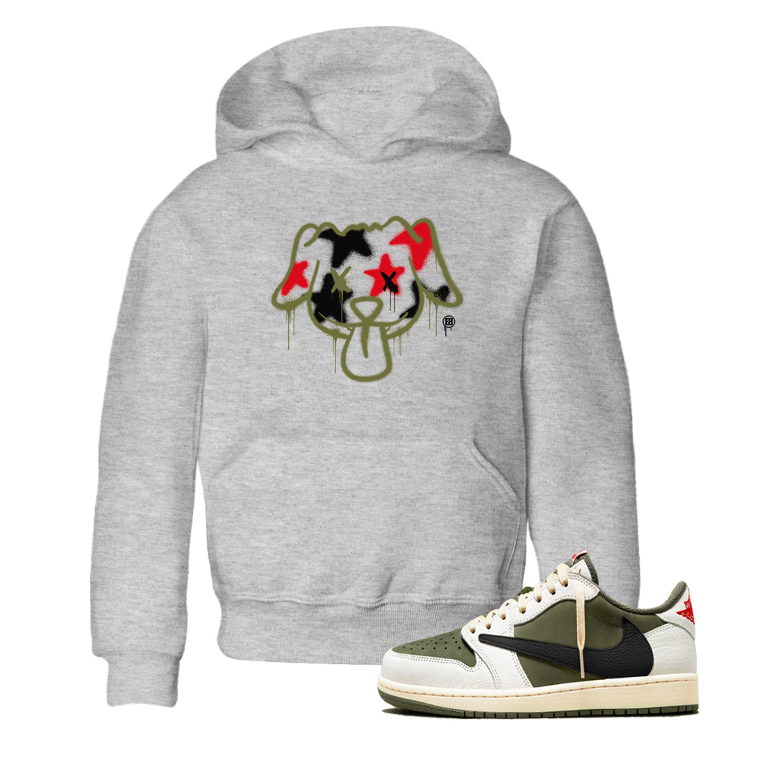 Graffiti Dog snkmatch Tees Kids - Air Jordan 1 Travis Scott Medium Olive