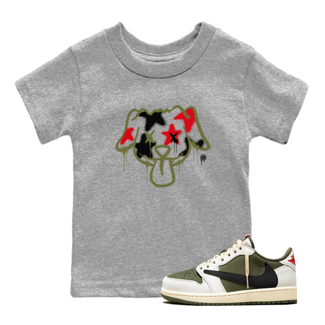 Graffiti Dog snkmatch Tees Kids - Air Jordan 1 Travis Scott Medium Olive
