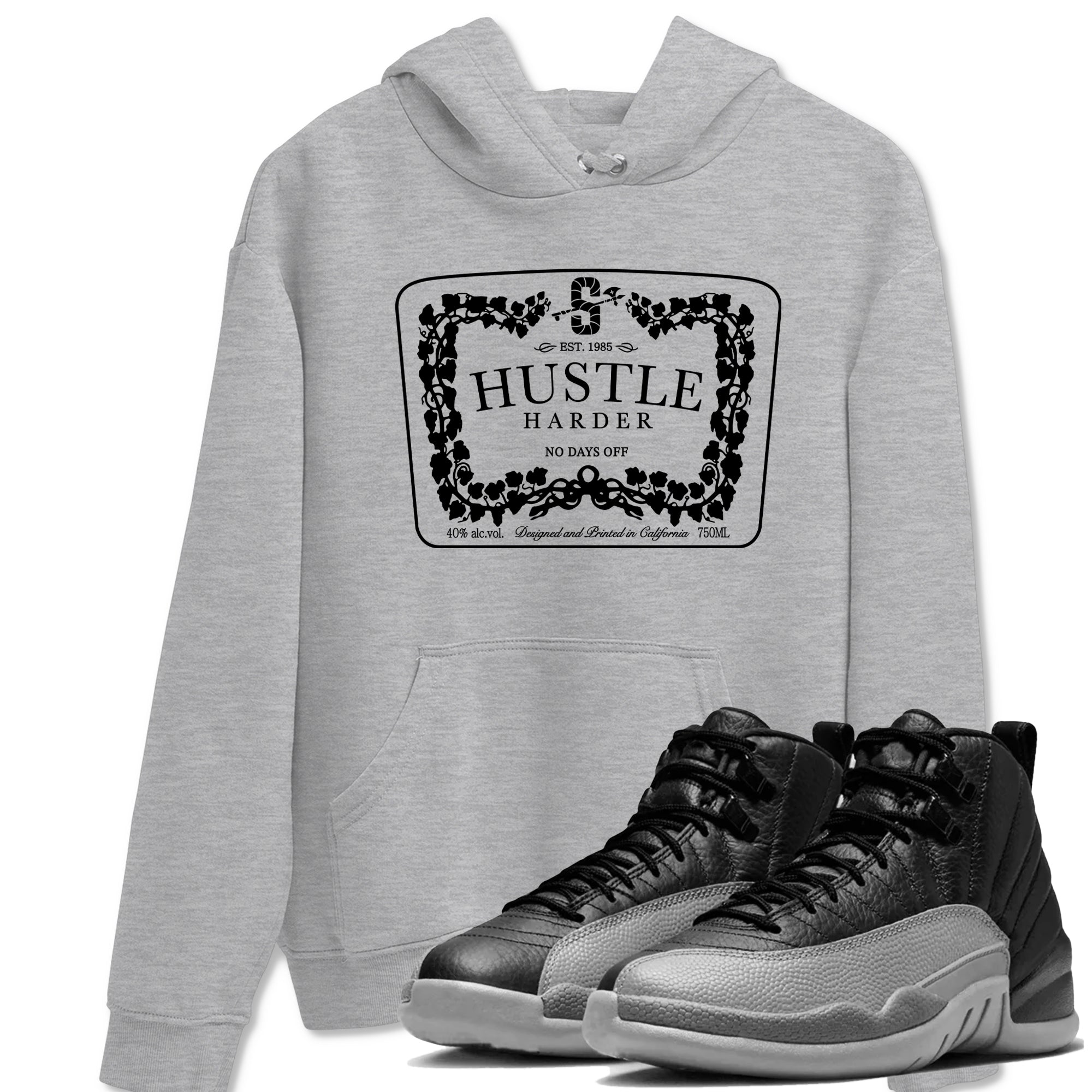Hustle Harder snkmatch Tees - Air Jordan 12 Black Wolf Grey