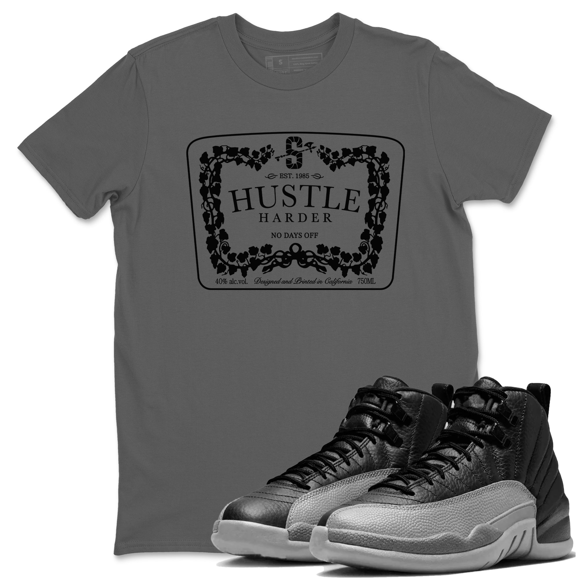 Hustle Harder snkmatch Tees - Air Jordan 12 Black Wolf Grey