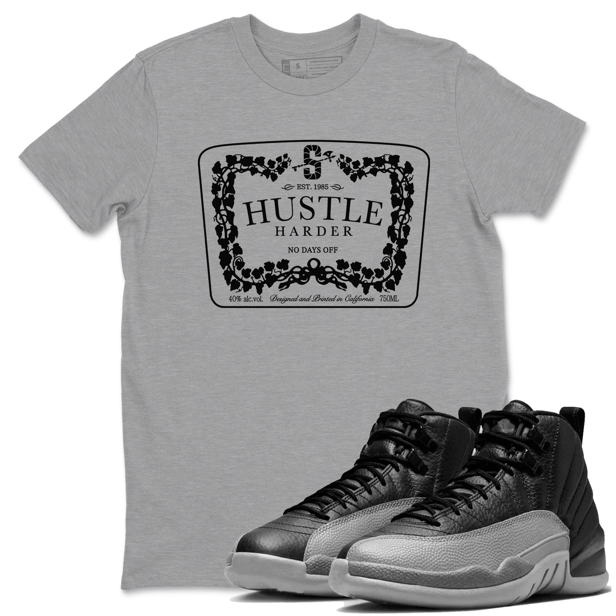 Hustle Harder snkmatch Tees - Air Jordan 12 Black Wolf Grey