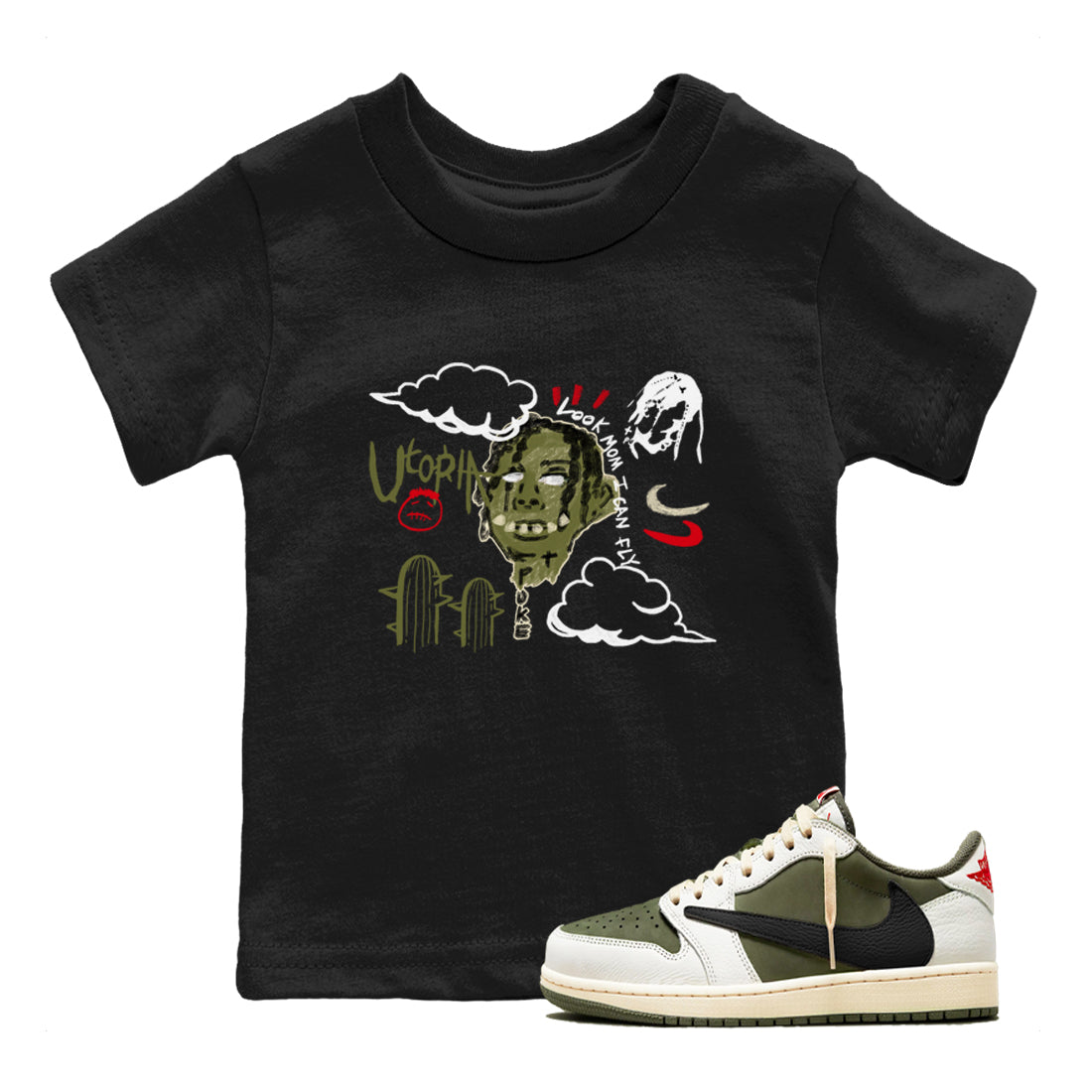I Can Fly snkmatch Tees Kids - Air Jordan 1 Travis Scott Medium Olive