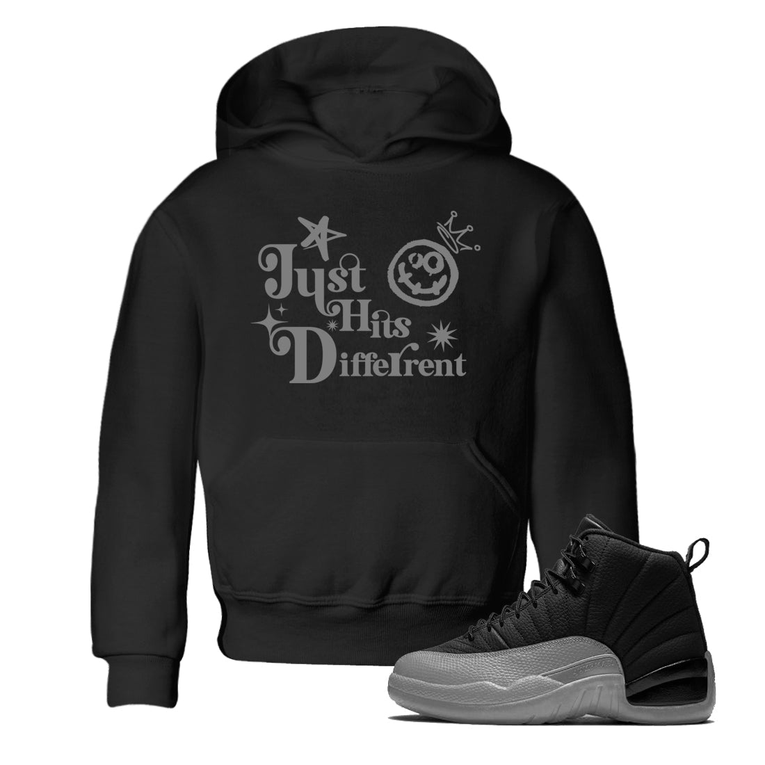 Just Hits Different snkmatch Tees Kids - Air Jordan 12 Black Wolf Grey