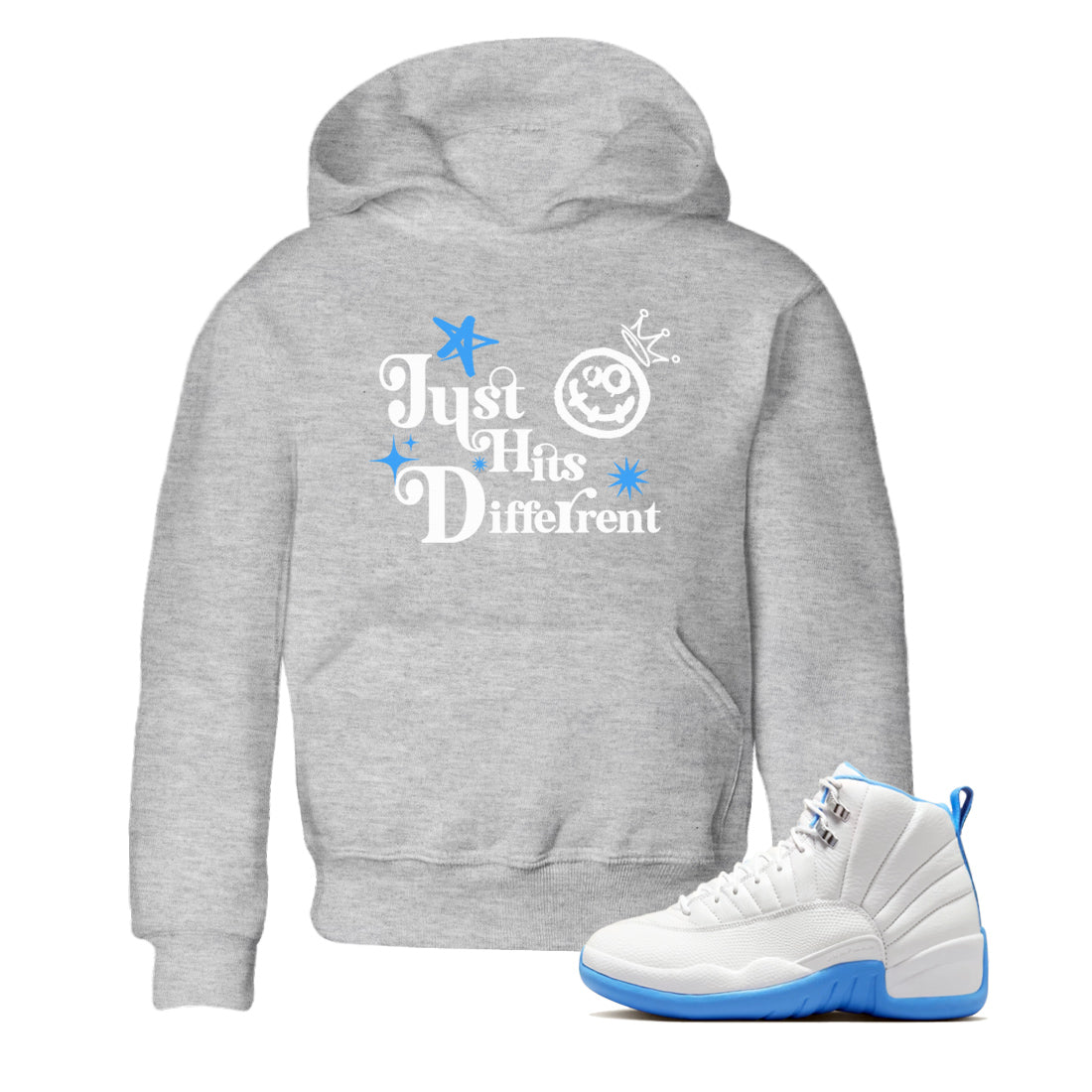 Just Hits Different snkmatch Tees Kids - Air Jordan 12 White and University Blue