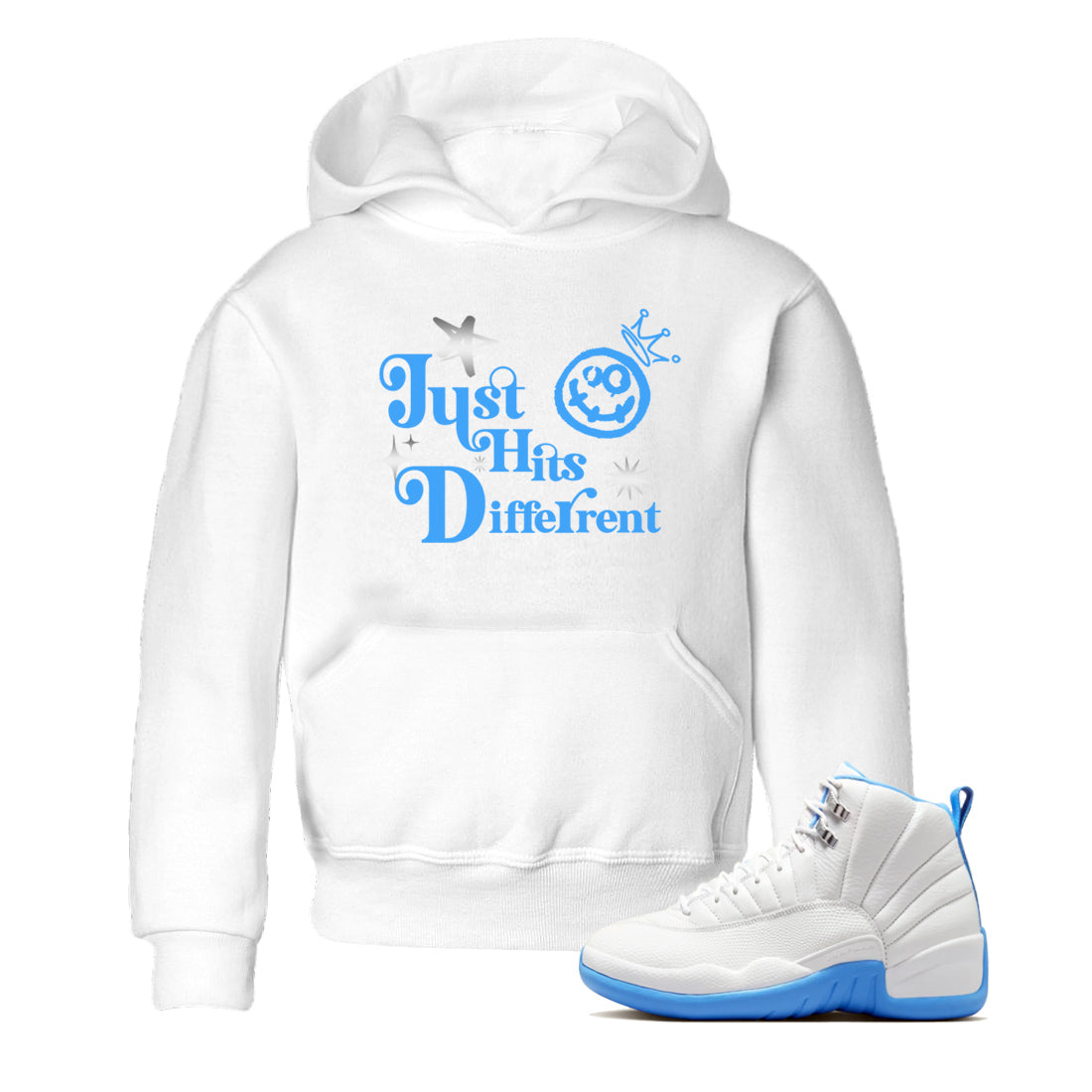 Just Hits Different snkmatch Tees Kids - Air Jordan 12 White and University Blue