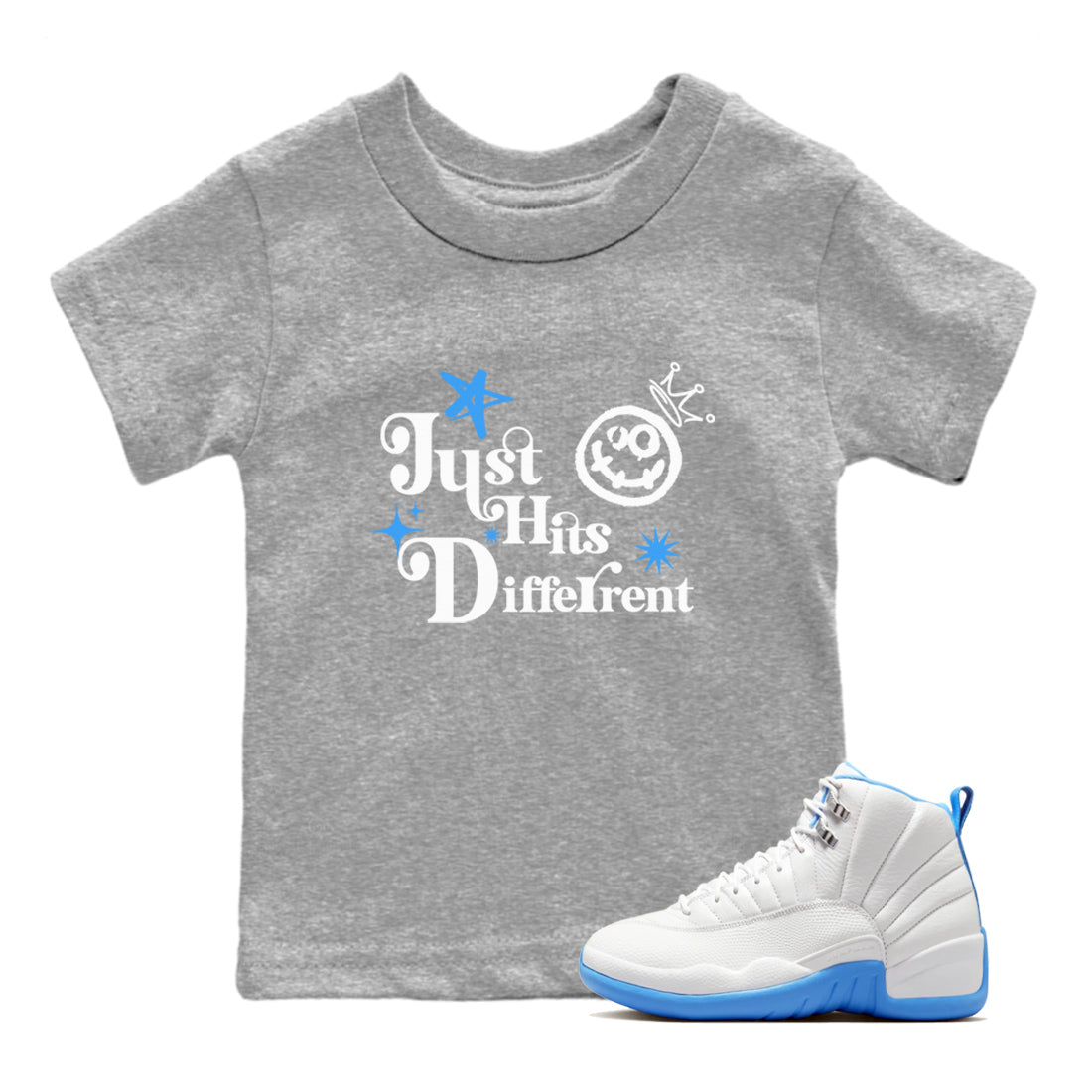 Just Hits Different snkmatch Tees Kids - Air Jordan 12 White and University Blue